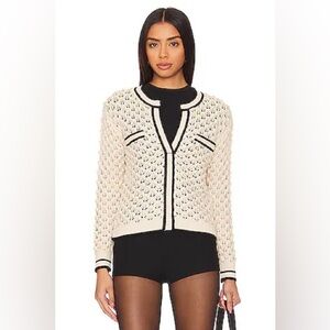 37 Orchard Cream and Black Trim Open Knit Old Money Sweater Cardigan Size Medium